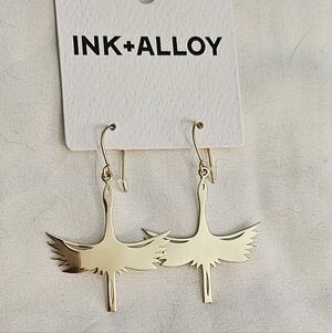 Brand New INK + ALLOY Edina Crane Dangle Earrings Brass Gold Tone
